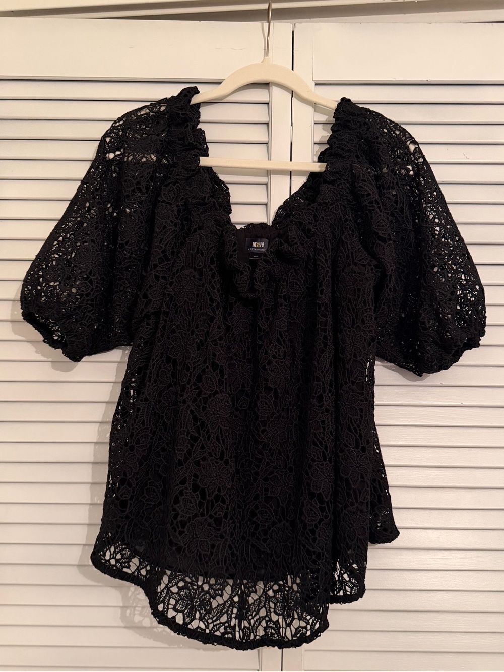 Maeve Anthropologie black lace off the shoulder top